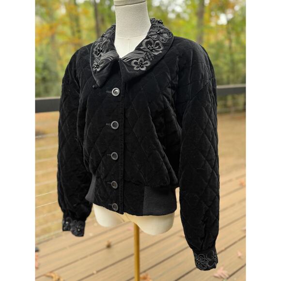Escada by Margaretha Ley Black Embellished Quilted Velvet Bomber Jacket Sz 10 - Picture 3 of 13